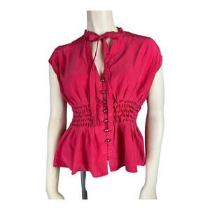 Cynthia Steffe sz 2 Pink Silk Womens Blouse top shirt smocked waist peplum